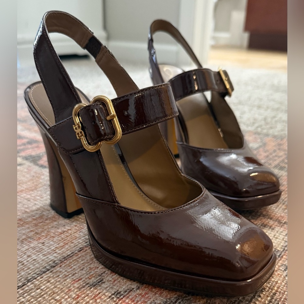 Sam Edelman Jildie Dark Brown Patent Leather Mary Jane Slingbacks